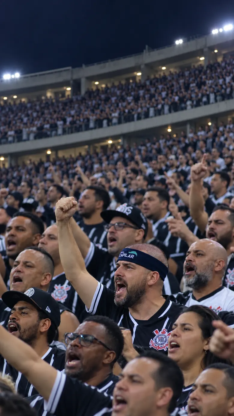 Torcida na arquibancada do estádio, de punhos erguidos; no centro, um torcedor com uma faixa do Grupo Capilar na cabeça